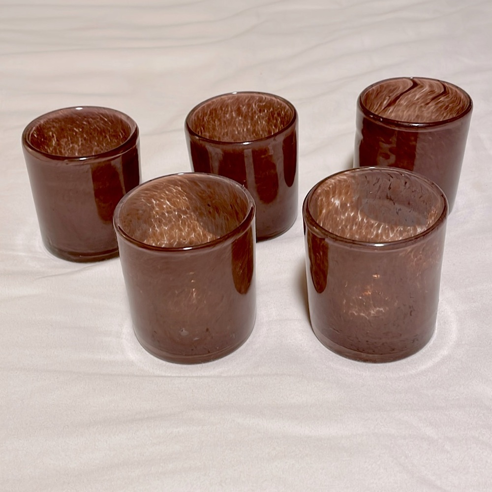 Set of 5 Pottery Barn opaque speckled purple votive holders. Like new.